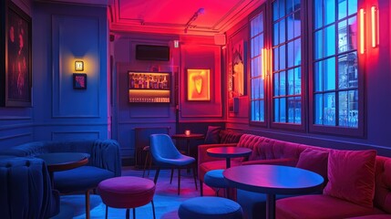 A cozy room with neon lighting in shades of red and blue, casting colorful shadows on the walls and furniture. The atmosphere is moody and chic. --chaos