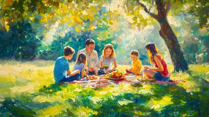 Joyful family picnic under the sun cherishing moments together in nature's embrace
