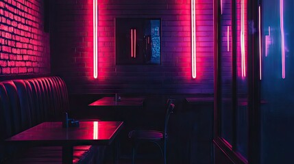 A dark room illuminated by neon lights in bright purple and red tones, casting moody reflections on the walls and furniture. Retro vibes. --chaos