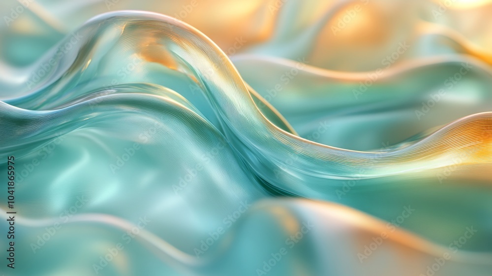 Poster Delicate folds of translucent fabric create beautiful, flowing waves, illuminated by soft warm light, showcasing turquoise and golden tones.