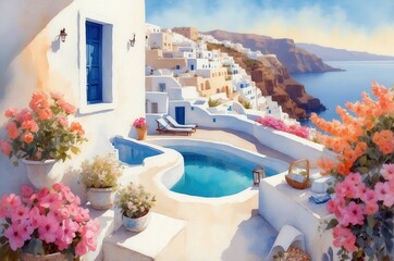 Fototapeta premium Mediterranean luxury beach hotel landscape painting illustration, travel theme concept texture design. 