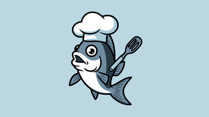 Cartoon Fish Chef with Spatula and Hat Illustration