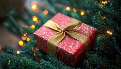 A beautifully wrapped red gift box with a gold ribbon sits among evergreen branches and twinkling lights, evoking a festive atmosphere.