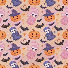 Naklejka premium Cute Halloween-Themed Seamless Pattern with Jack-O’-Lanterns, Skeletons, Bats, and Witches in Bold Lines and Soft Pastel Colors – Anime-Style Kawaii Illustration