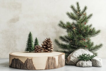 Wooden product display podium with pine tree and stone. Christmas concept. 3D rendering with generative ai