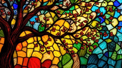 Tree Stained glass pattern images, stunning stained glass texture, Colorful stained pattern, intricate trees, pattern, stained glass stained glass	