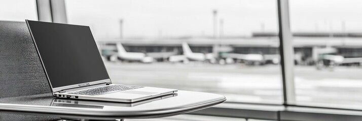 A laptop sits on a table with an airport view in the background.