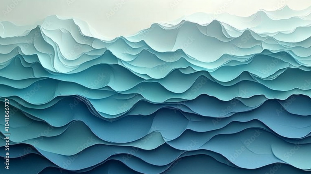 Aufkleber The artwork features layered paper waves in various shades of blue, creating a dynamic and textured representation of ocean waves. The piece evokes a sense of movement and depth.