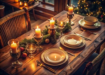 Family Dinner Table Setting with Empty Chair - Vintage Style Photography, Symbolizing Absence and Togetherness