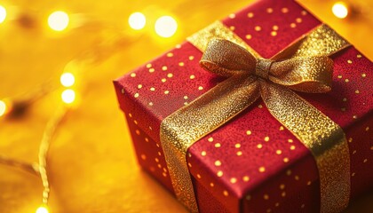A beautifully wrapped red gift box adorned with a golden bow, set against a warm, glowing background of fairy lights.