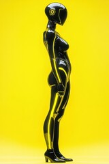 Sleek black and yellow robot on vibrant yellow canvas.