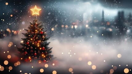 Naklejka premium A Magical Christmas Tree with a Glowing Star Topper and Sparkling Lights in a Winter Wonderland Atmosphere Full of Joy