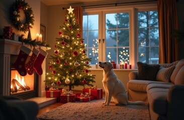 a white Labrador sits near a Christmas tree and looks out of the fireplace