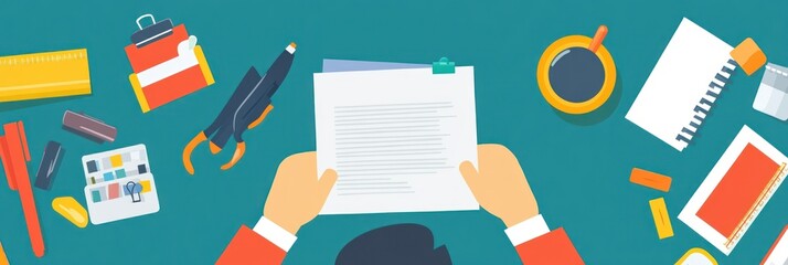 A workspace scene featuring hands holding a document with office supplies and a drink nearby.