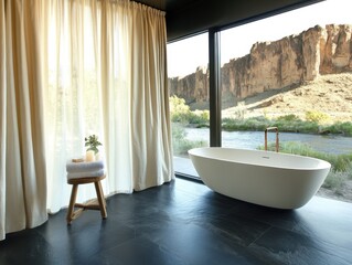 Fototapeta premium A bathtub is in a bathroom with a window. A towel is on a stool next to the tub