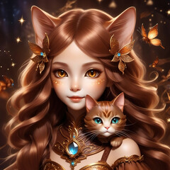 Portrait of a fairy-tale sorceress with cat ears and a cat on her shoulder.