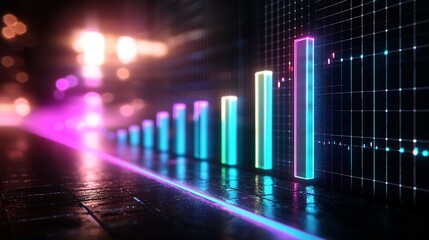 A vibrant digital visualization of bar graphs with glowing neon colors set against a futuristic backdrop, suggesting data analysis and technology.
