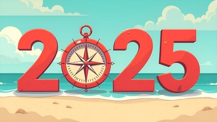 new year red 2025 on beach, with a compass replacing the "0." The background features the ocean, clear skies with fluffy clouds, and sandy shores