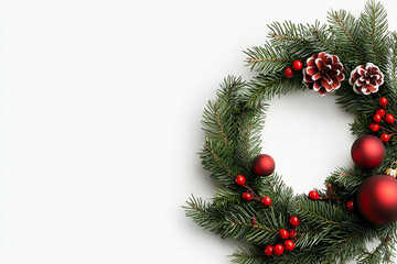 Festive holiday wreath adorned with pinecones and red ornaments for christmas celebrations