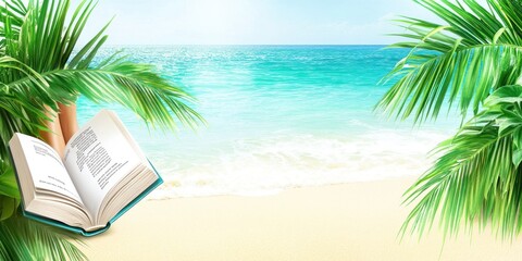 Obraz premium A serene beach scene with an open book surrounded by palm trees and ocean waves.