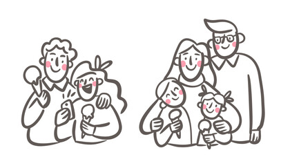 Cute portraits of happy people with ice cream. Family with children and young couple. Hand-drawn illustration. Vector doodle.