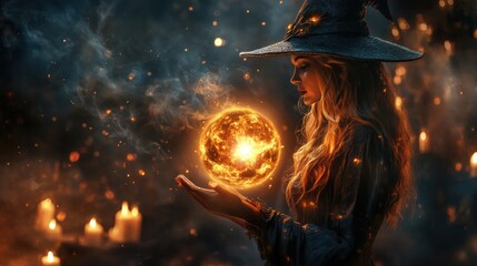 Fototapeta premium A witch is conducting magic with spell.