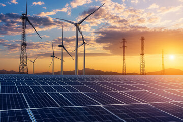 The harmonious combination of solar panels, high-voltage towers, and wind turbines illustrates the immense potential of harnessing electricity from natural forces while promoting c