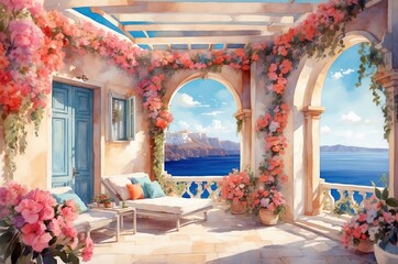 Fototapeta premium Mediterranean luxury beach hotel landscape painting illustration, travel theme concept texture design. 