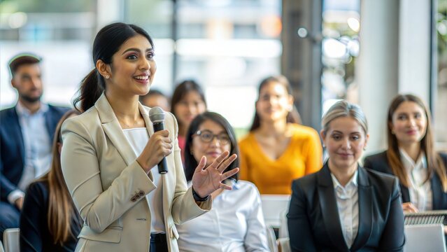 Indian Businesswoman Engaging Audience at Seminar
