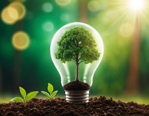 tree growing in light bulb planted in soil and forest reflections energy saving ecology concept