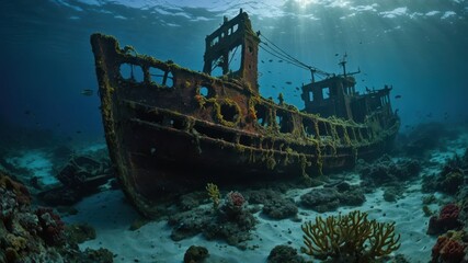 a shipwreck that lies broken and motionless on the ocean floor