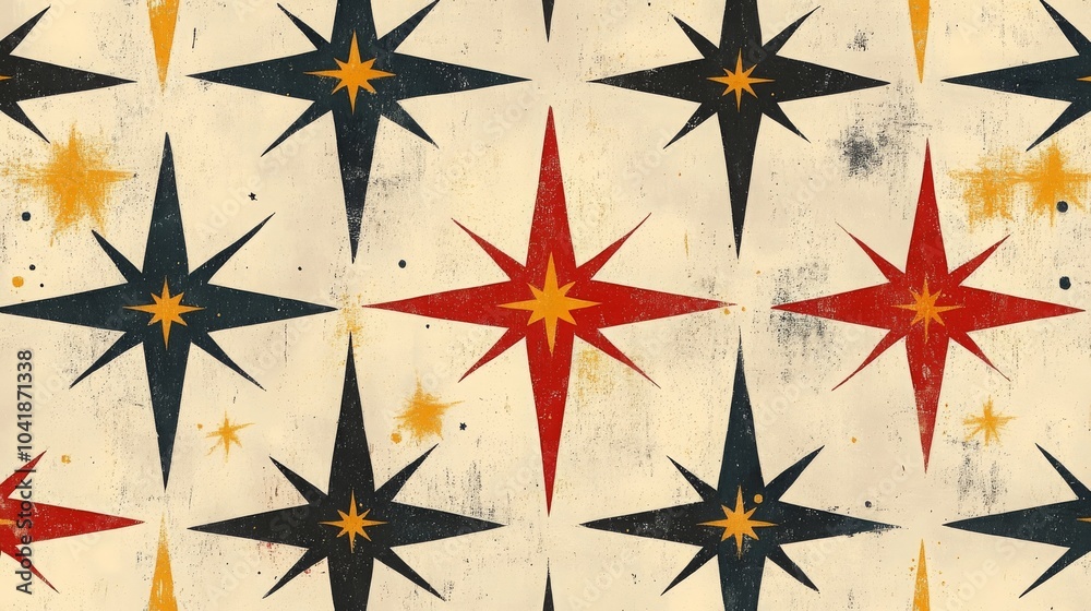 Poster repeating stars and nordic crosses pattern with vibrant colors creating a striking visual design