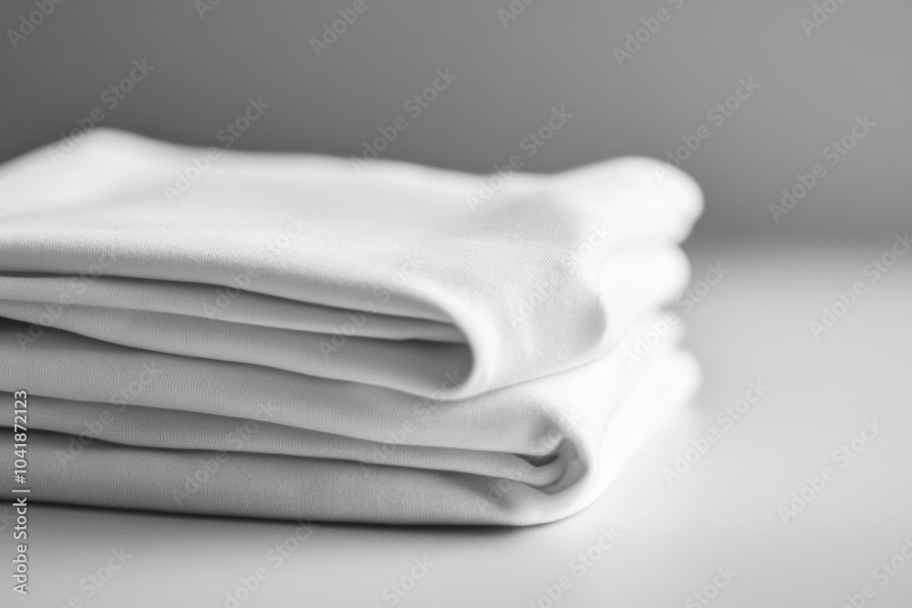 Poster soft, minimalist sportswear is meticulously folded and arranged on a smooth, light-colored table in 