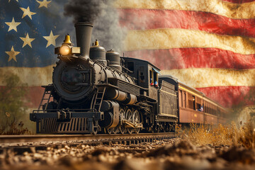 Locomotive passenger train with usa America flag in the background
