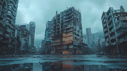 Fototapeta premium The haunting beauty of abandoned urban buildings beneath a stormy sky a visual exploration of desolation and urban decay