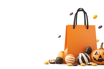 Festive halloween shopping bag surrounded by seasonal sweets and treats in vibrant colors