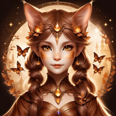 Fairytale portrait of a beautiful brown cat girl.