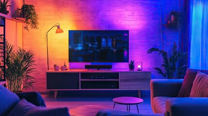 A modern TV screen mounted on the wall in a stylish room with contemporary furniture, ambient lighting, and decorative elements. --chaos