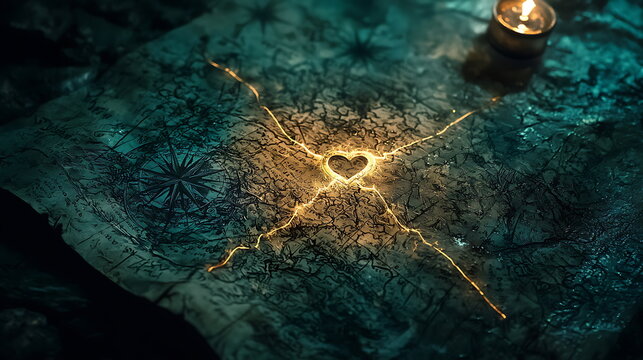 Exploring the mystique of an ancient map a glowing heart symbol unveils hidden connections on a textured canvas