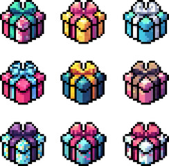 set of gift box in pixel art vector