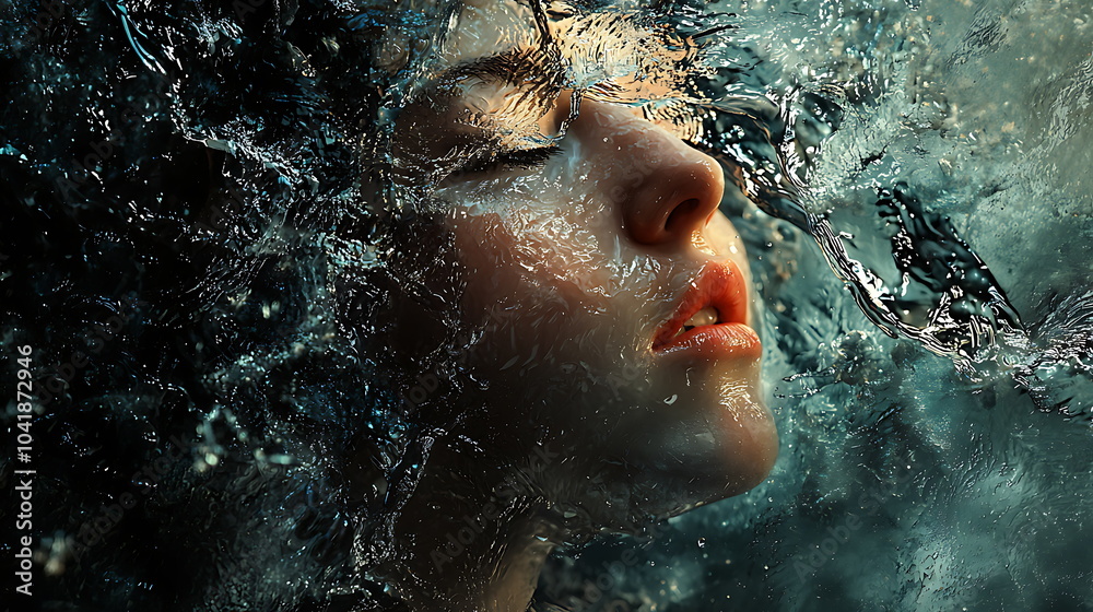Poster a serene closeup of a woman's face submerged in water capturing the tranquility and depth of the und