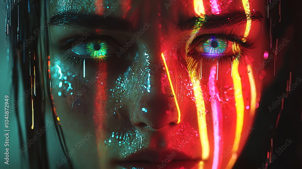 Poster Captivating closeup portrait illuminated by colorful light streaks creating a unique visual experience with emotion and depth