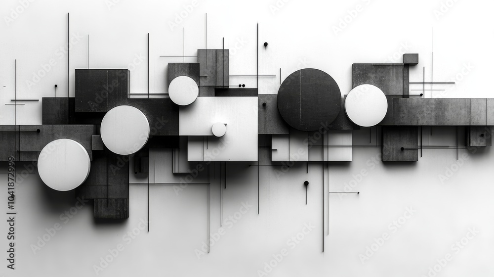 Poster The artwork showcases a collection of circular and rectangular forms arranged in a minimalist layout, emphasizing geometric abstraction in black and white tones.