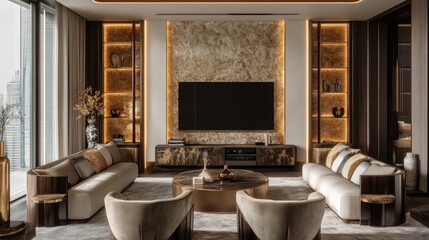 A modern TV screen mounted on the wall in a stylish room with contemporary furniture, ambient lighting, and decorative elements. --chaos