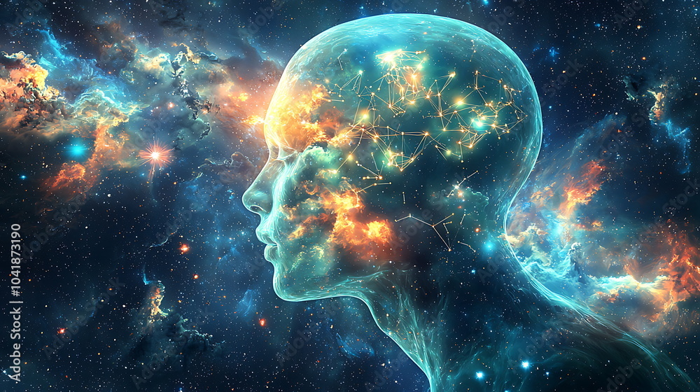 Poster exploring the cosmic human profile a journey through the universe of thought and consciousness in st
