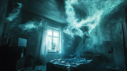 Enigmatic ethereal bedroom adorned with ghostly smoke and soft light creating a dreamlike atmosphere of serenity