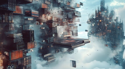 A magical realm of floating books and enchanting mystical elements in a fantastical landscape