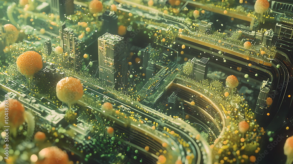 Aufkleber Exploring a futuristic cityscape with vibrant trees and advanced structures a vision of tomorrow's urban environment