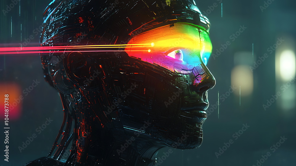 Fototapete Exploring the future a glimpse into a futuristic robot head with captivating colorful light effects in a digital realm