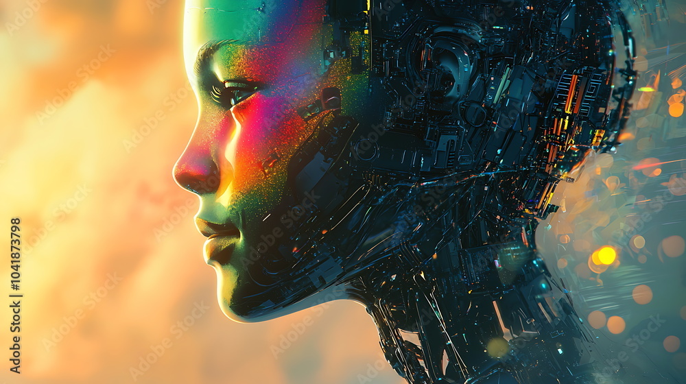Poster futuristic robot profile against a vibrant colorful sky illustrating the intersection of humanity an